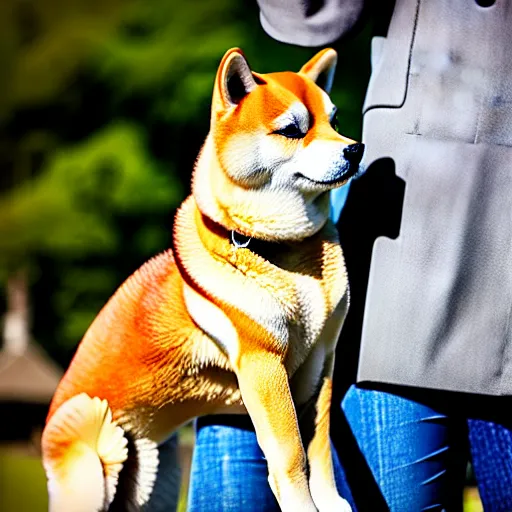 Image similar to close - up photo of shiba inu holding huge mace in paws, standing vertically, ( eos 5 ds r, iso 1 0 0, f / 8, 1 / 1 2 5, 8 4 mm, postprocessed, sharp )