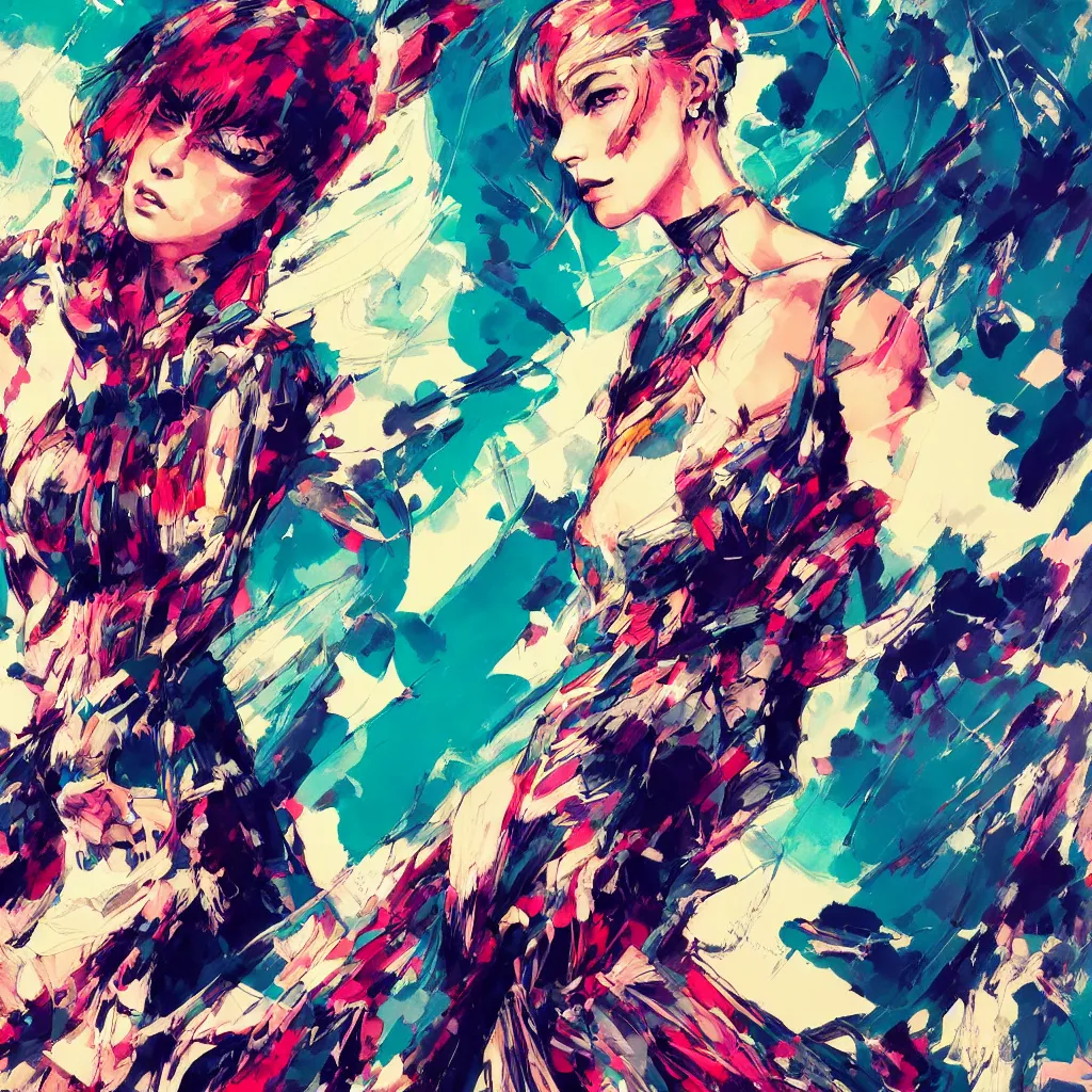 Image similar to an ultra detailed beautiful painting of a stylish woman with colorful haute couture dress, concert poster, retro, yoji shinkawa, conrad roset, greg rutkowski