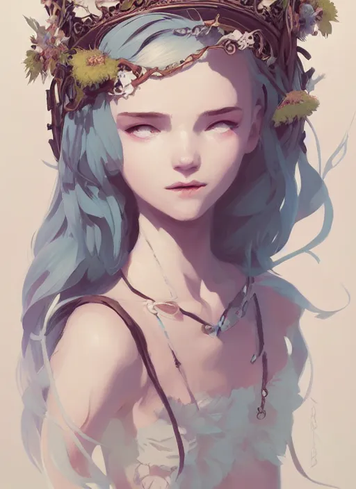 Image similar to portrait of cute nymph girl with crown of flowers with celtic tattoos, fantasy, by atey ghailan, by greg rutkowski, by greg tocchini, by james gilleard, by joe gb fenton, by in kaethe butcher, dynamic lighting, gradient light blue, brown, blonde cream and white color in scheme, grunge aesthetic