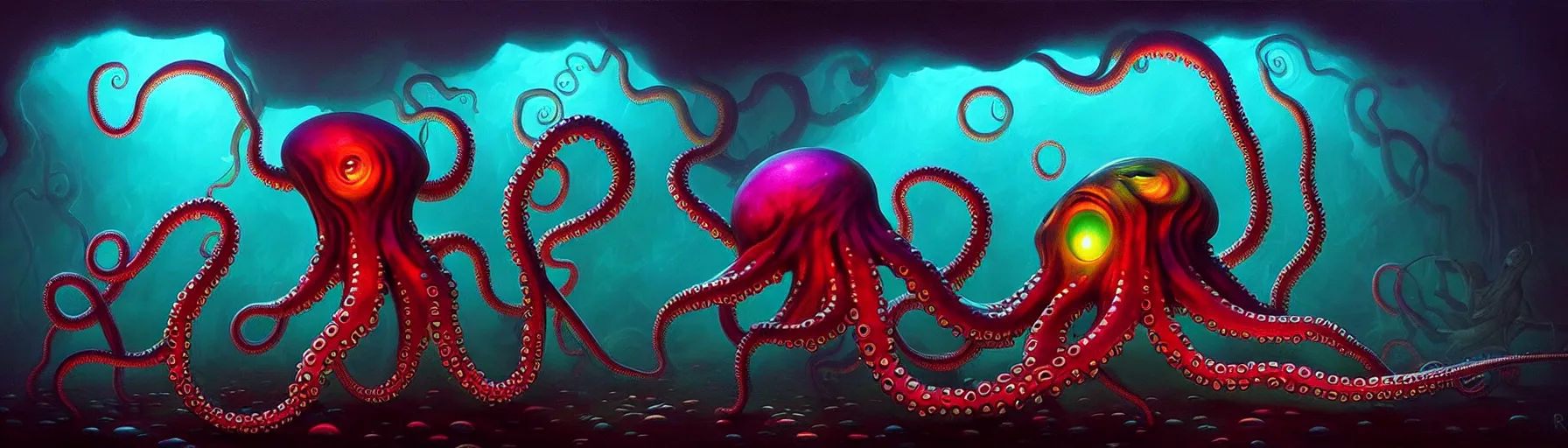 Image similar to strange cephalopod creatures from the depths of the imaginal realm, dramatic lighting, surreal darkly colorful painting by ronny khalil