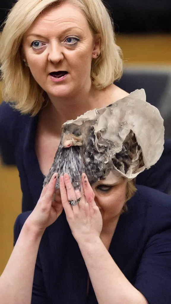 Prompt: liz truss shedding her skin to reveal she's actually a reptile