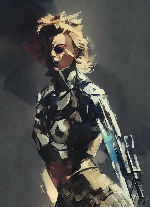 Image similar to Margot Robbie wearing metal gear armor holding revolver dramatic lighting art by Yoji Shinkawa by Richard Schmid by greg rutkowski by Sandra Chevrier by Jeremy Lipking cinematic dramatic