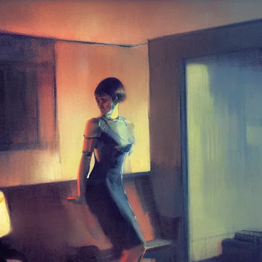 Prompt: portrait of rachael from bladerunner by jeremy mann and edward hopper