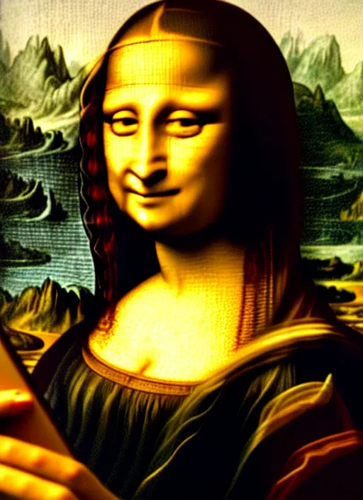 Image similar to framed oil painting of Mona Lisa by Leonardo Da Vinci but Mona Lisa is using an iPhone to take a selfie