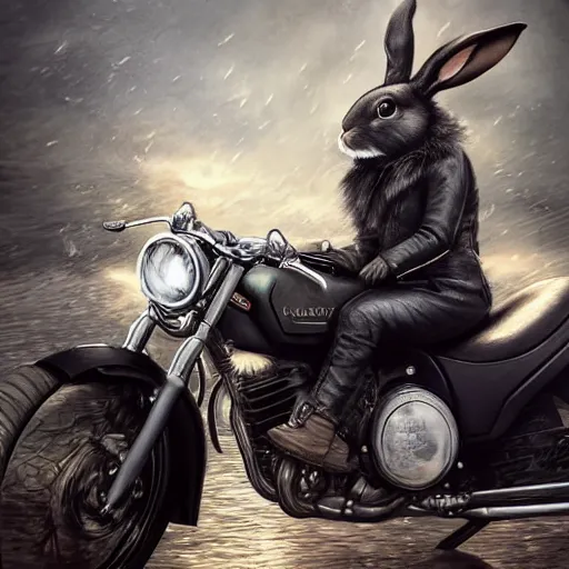 Image similar to a bunny wearing a leather jacket, riding a motorcycle, elegant, highly detailed, digital painting, artstation, concept art, matte, sharp focus, highly detailed, 4 k, hdr, smooth, sharp focus, high resolution, award - winning photo, photorealistic, art by artgerm and greg rutkowski and alphonse mucha, large shot