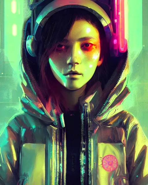 Image similar to detailed portrait Neon Operator Girl, cyberpunk futuristic neon, reflective puffy coat, decorated with traditional Japanese ornaments by Ismail inceoglu dragan bibin hans thoma greg rutkowski Alexandros Pyromallis Nekro Rene Maritte Illustrated, Perfect face, fine details, realistic shaded, fine-face, pretty face