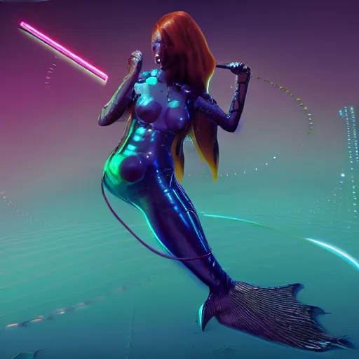 Image similar to mermaid cyborg with a laser whip, realistic, detailed, in the style of beeple, uncropped,