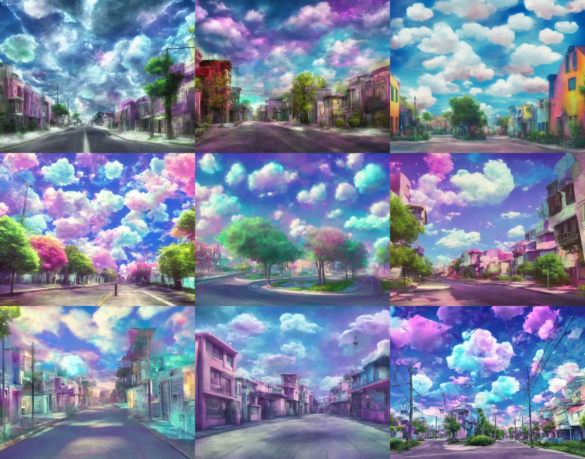 Prompt: dreamcore looking streets from a small neighborhood, fluffy clouds, pastel color pallete