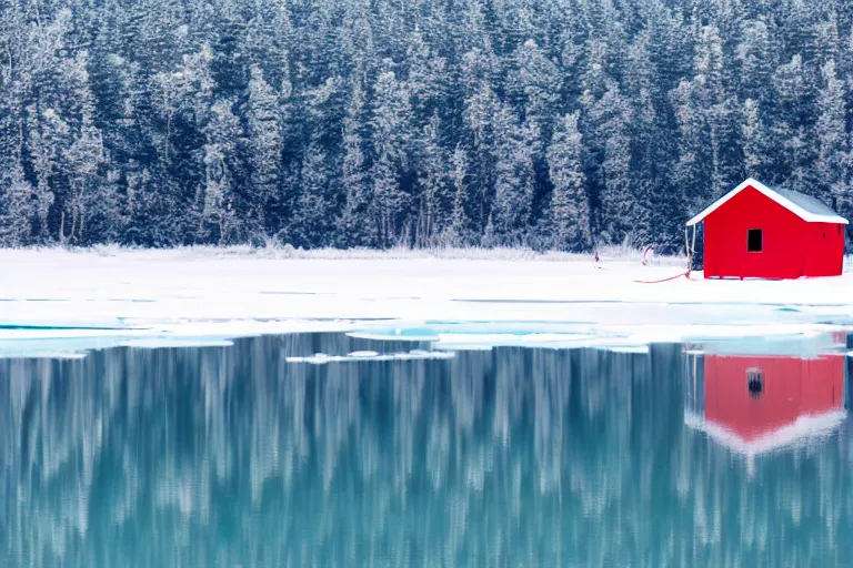 Image similar to landscape photography. ice fishing shack on a frozen lake, wes anderson film screenshot