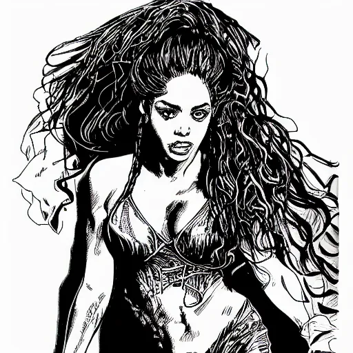 Image similar to portrait of shakira in the style of marc silvestri pen and ink drawing, high detail