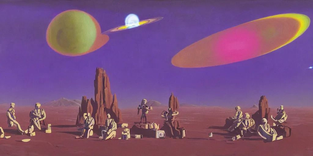 Prompt: surreal painting by chesley bonestell!!, twelve astronauts sitting by the river with a big holiday cake + psychedelic vegetation + purple, pink, blue + planets and stars + mystical fog, vintage sci - fi style of the 5 0 s, rule of the third!!!!, line graphics, 8 k, super detail, high quality