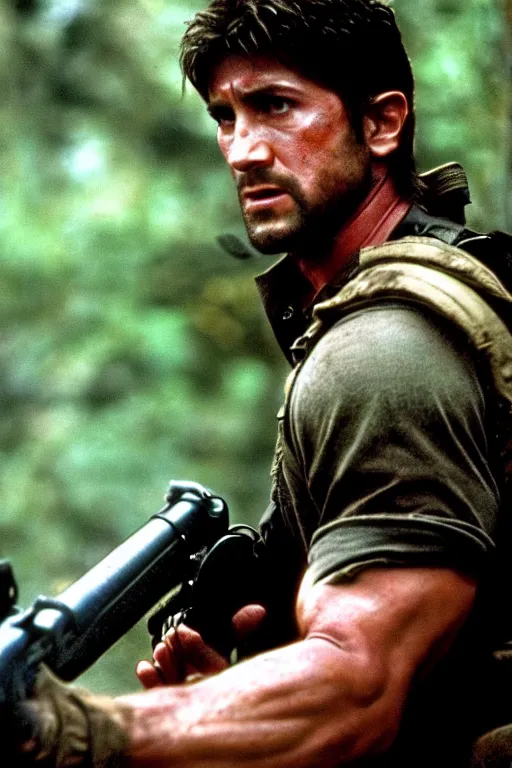 Image similar to still from the movie rambo of chris redfield, directed by steven spielberg