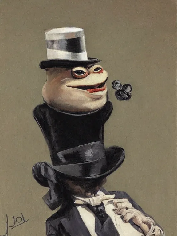 Image similar to pepe the frog at the royal ascot, wearing morning suit and top hat, excited watching the horse races, expressive painting by Joseph Christian Leyendecker