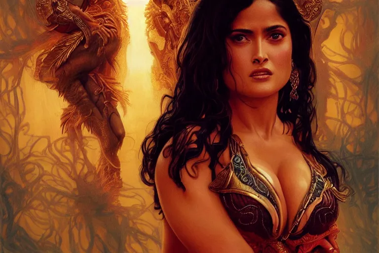 Prompt: young salma hayek as santanico pandemonium from dusk till dawn, detailed, centered, digital painting, artstation, concept art, donato giancola, joseph christian leyendecker, wlop, boris vallejo, breathtaking, 8 k resolution, extremely detailed, beautiful, establishing shot, artistic, hyperrealistic, beautiful face, octane render