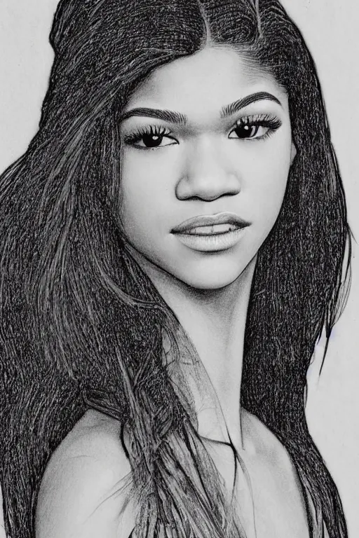 Image similar to a portrait of zendaya in the style of leonardo da vinci drawing,, single head, no double head,