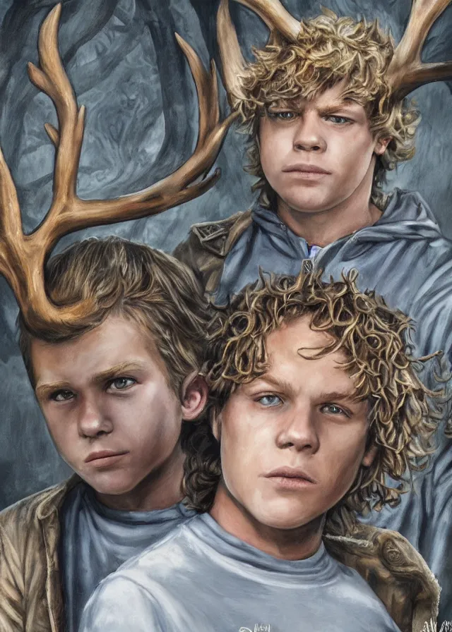 Prompt: a highly detailed painting of a haunted looking teenage boy with curly blonde hair, background giant antlers made of stone, young jason james richter, young kiefer sutherland, young christopher egan, ominous, foreboding, dark, trending on artstation,