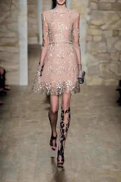 Image similar to valentino 2 0 1 3 spring floral, lace, block patterned, cybernetic avant garde fashion, sheer dress, short skirt, natural outdoors