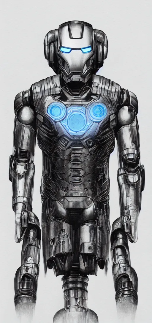 Image similar to steampunk, H.R. Giger design of Iron Man, full body and head, drawing on pencil, ornate, details, smooth, sharp focus, illustration, realistic, cinematic, artstation, award winning, rgb, ethereal blue lighting, 8K,