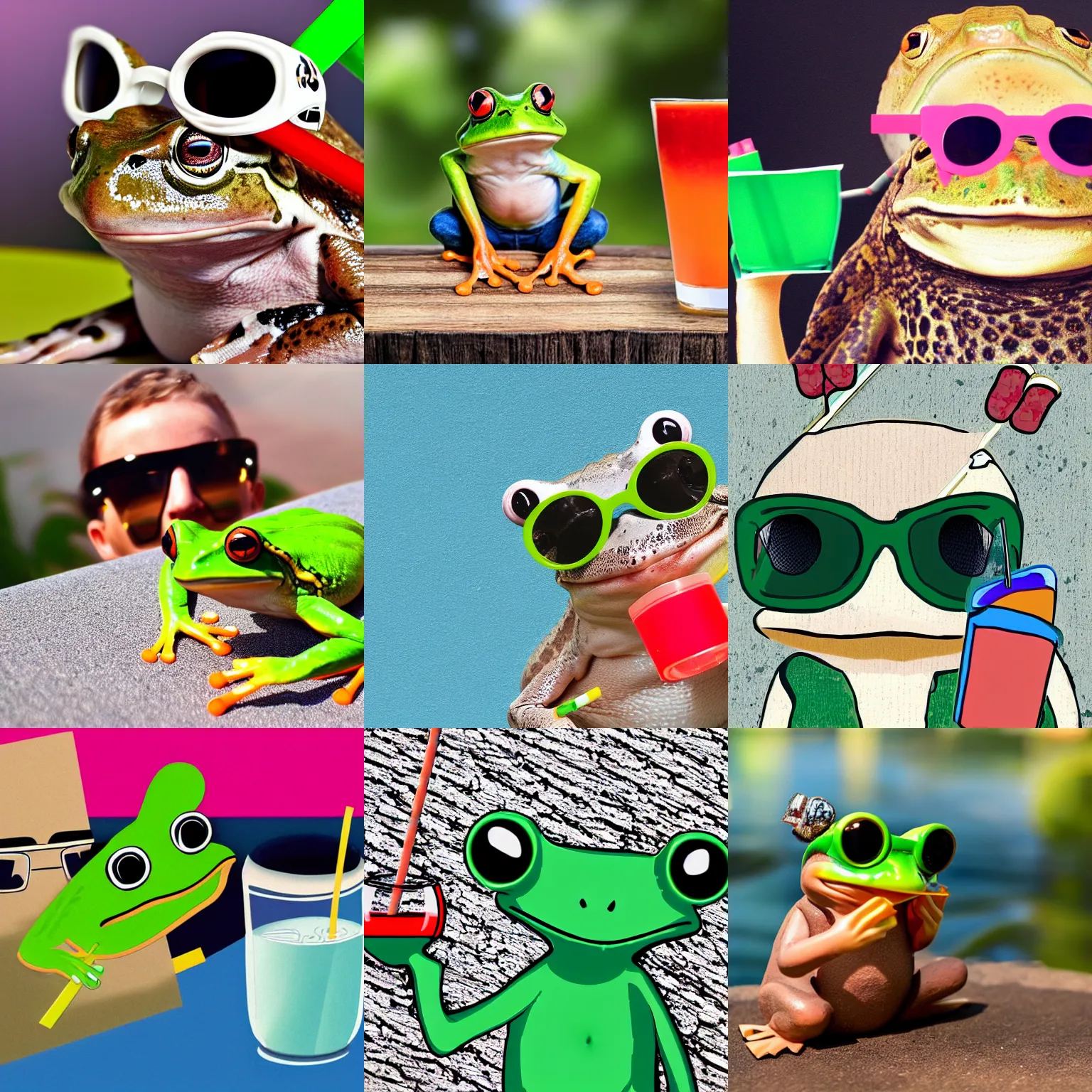 Prompt: frog wearing sunglasses drinking juice box with straw
