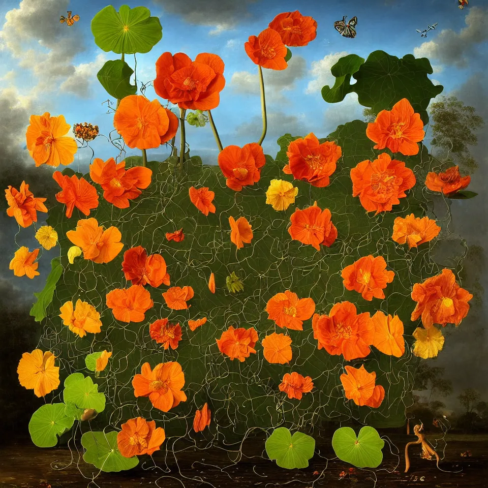 Prompt: dutch golden age bizarre nasturtium on wooden poles, portrait still life with many vines, colourful flying butterflies, waterlilies and lotuses, disturbing fractal forms sprouting up everywhere, rachel ruysch bright sky blue background chiaroscuro dramatic lighting perfect composition high definition 8 k oil painting with black background by christian rex van dali todd schorr recursive masterpiece