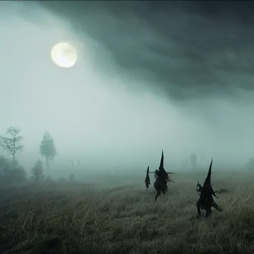 Image similar to the wild hunt, wraiths riding in the sky, spectres, mythical creatures in undead nightmare, bad omen, aflutter enchanted forest, dauntless witchers pursuing, blizzard storm, fog, full moon, snowy environment, hyperrealism, atmospheric, cinematic, breathtaking, award winning, groundbreaking, octane render, unreal 5, intricate digital art, 8 k