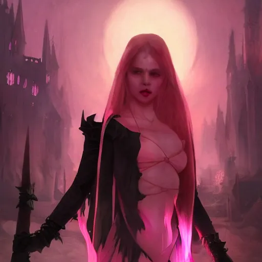 Prompt: immortal novice vampire princess summons demons from hell cute colorful pink and black gothic girly 4 k high definition artstation trending path traced contrast light and dark colorful bokeh massive scale cinematic breathtaking, art by greg rutkowski
