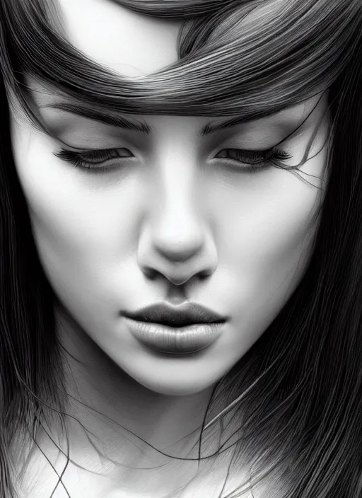 Prompt: up close portrait of a beautiful woman in black and white, photorealistic, intricate hair, art by diego fazio and diegoKoi and oscar Ukono, concept art, sharp focus, artgerm, 8k highly detailed
