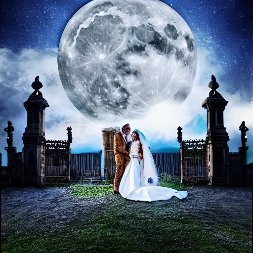 Prompt: a gothic wedding under a full blue moon, realistic, award - winning, 4 k, high resolution, hdr photograph