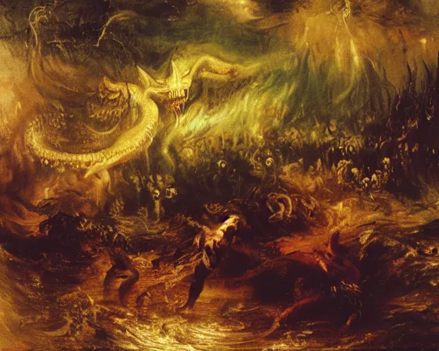 Prompt: an oil painting of cthulhu fighting an army in a forest, turner