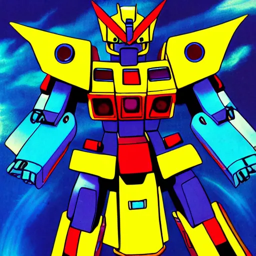 Prompt: Gundam robot with guitar. Vibrant colors. 80s Mecha anime key art