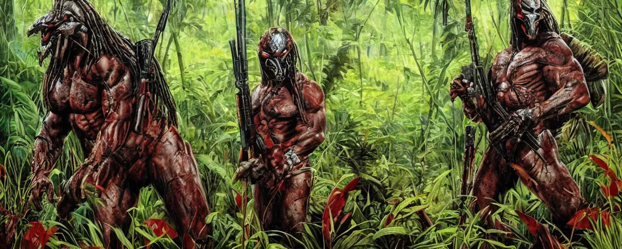 Image similar to the predator roaming the jungle with a rifle, red eyes, as painted by Donald McAlpine