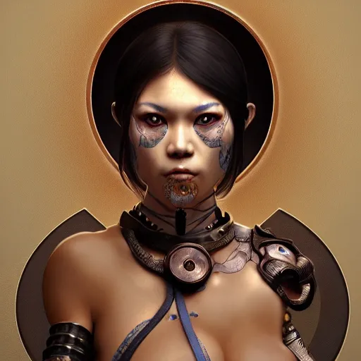 Image similar to 3 / 4 portrait of a stunning warrior monk in a cyberpunk kowloon walled city, strong, dark, by artgerm and alphonse mucha and sorayama, trending on artstation, octane render