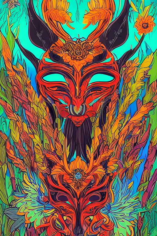 Image similar to animal mask totem roots flower tribal feather gemstone plant wood rock shaman vodoo video game vector cutout illustration vivid multicolor borderlands comics by josan gonzales and dan mumford radiating a glowing aura