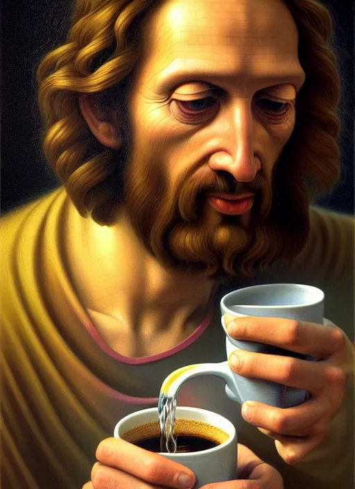 Prompt: hyper detailed 3d render like an Oil painting - Portrait of Jesus Christ drinking coffee by Jacek Yerka, Mariusz Lewandowski, Houdini algorithmic generative render, Abstract brush strokes, Masterpiece, Edward Hopper and James Gilleard, Zdzislaw Beksinski, Mark Ryden, Wolfgang Lettl, hints of Yayoi Kasuma, octane render, 8k