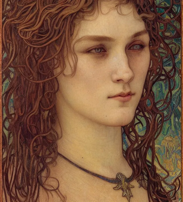 Image similar to detailed realistic beautiful young medieval queen face portrait by jean delville, alphonse mucha, vincent van gogh, and marco mazzoni, art nouveau, symbolist, visionary, gothic, pre - raphaelite