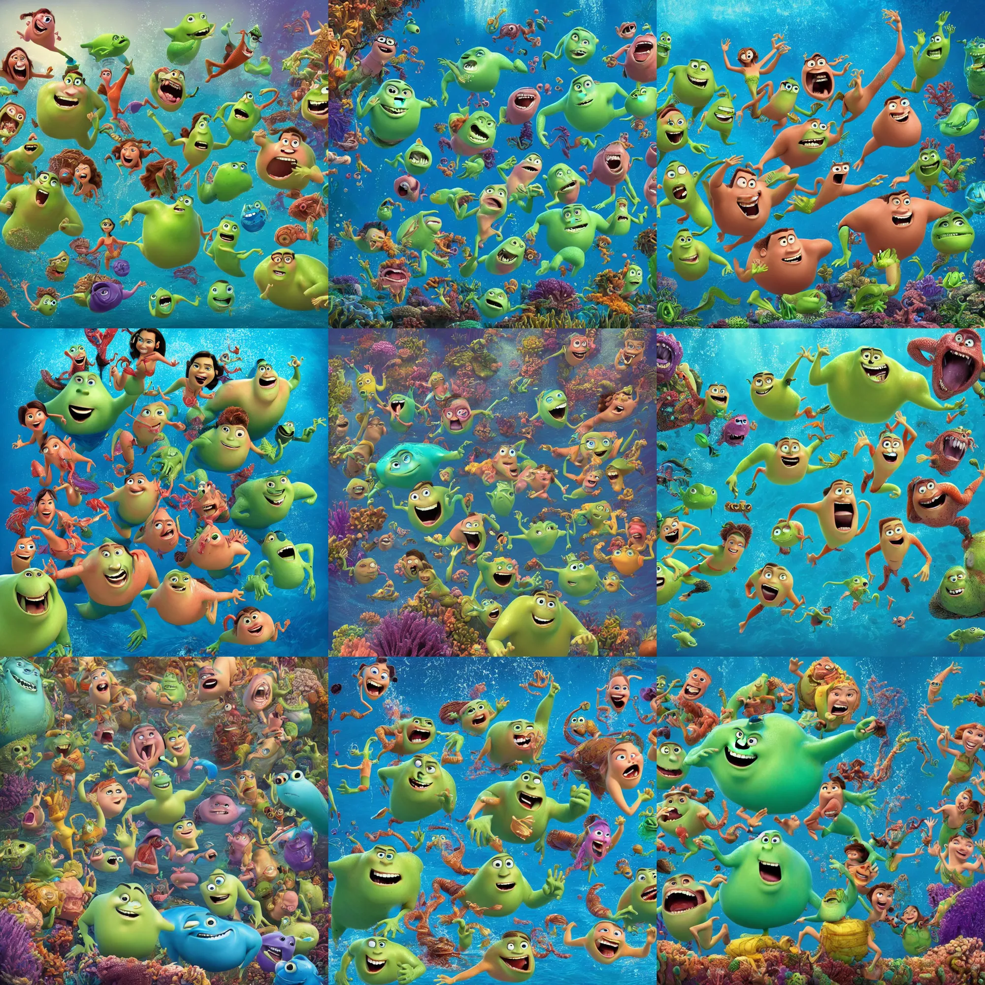 Prompt: full body shot of a bunch of humans fighting underwater, pixar illumination studios animated movie by john lasseter, extremely joyful and eerie smiles, slimy fluid liquid blobs