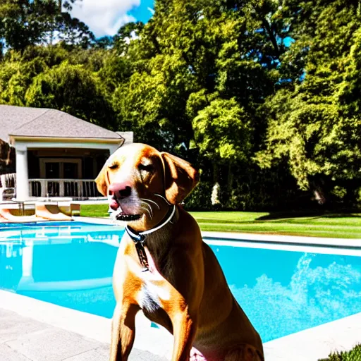 Image similar to a very detailed photo of a dog smoking a cigar outside the mansion by the pool