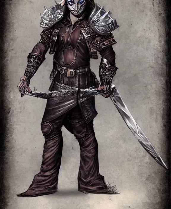 Image similar to humanoid male catfolk rogue, wearing leather armor, magic the gathering, fantasy