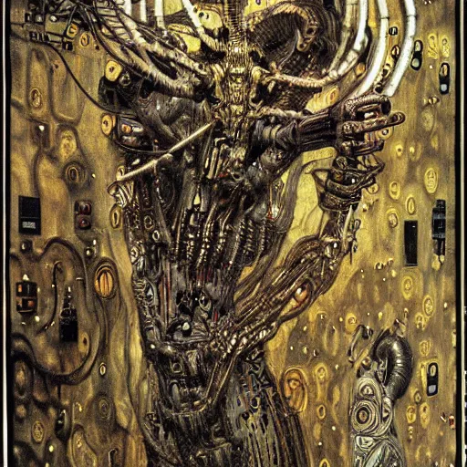 Image similar to depraved cybernetic demon, circuitry, intricate detail, klimt, frazetta, giger,