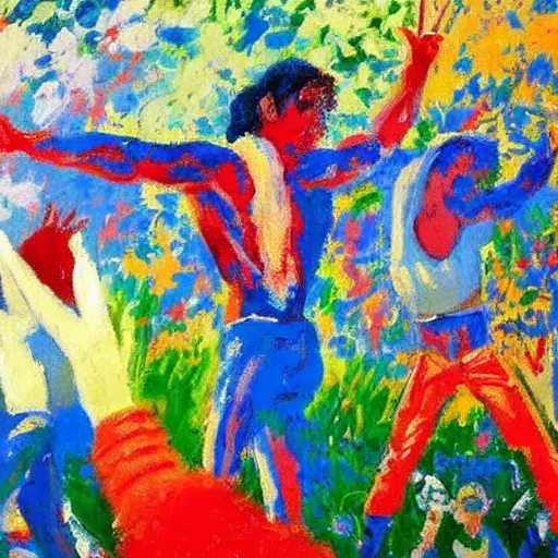 Image similar to a leroy neiman painting when he was deeply schizophrenic and had hand tremors