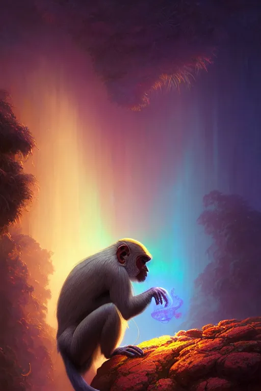 Prompt: highly detailed portrait of rainbow - colored cappuccin monkey, stephen bliss, unreal engine, fantasy art by greg rutkowski, rhads, ferdinand knab, makoto shinkai and lois van baarle, ilya kuvshinov, rossdraws, tom bagshaw, global illumination, radiant light, red blue theme, jungle, flowers