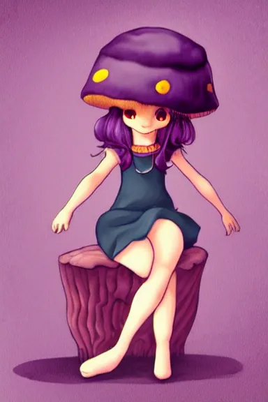 Image similar to a little girl wearing a mushroom hat in dress sitting | | purple curvy hair, pretty face, fine details, digial art by lois van baarle, anatomically correct, perfect composition, symmetrical, fantastic, clean details, anime character, extremely detailed