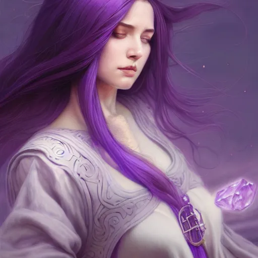 Prompt: purple haired mage, full body portrait, gentle, cloth, female, city landscape, d & d, fantasy, intricate, elegant, highly detailed, digital painting, purple and gold color palette, artstation, octane render, concept art, matte, sharp focus, illustration, herrarthstone, art by artgerm and greg rutkowski and alphonse mucha