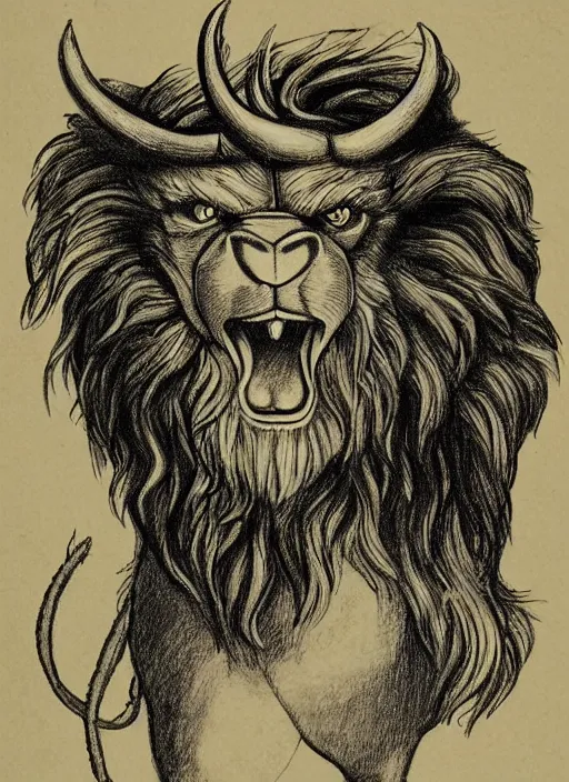 Image similar to a mighty strong creature with the body and eyes of a man, with the beak of an eagle, the mane of a lion, and the horns of an ox. drawn by da vinci