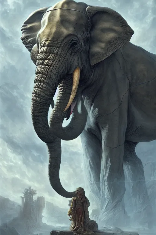 Prompt: ancient psychic tandem war elephant, hyperrealism, dark fantasy, concept art, by ernst haeckel, artgerm, greg rutkowski, h. r. giger and zdislaw beksinski, octane render, trending on artstation