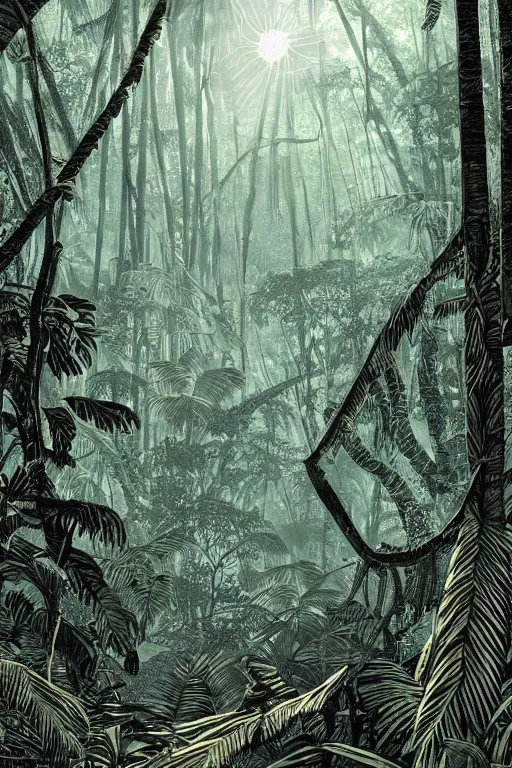 Image similar to an award winning woodcut print of a jungle in costa rica, 8 k, frostbite 3 engine, cryengine, dof, trending on artstation, digital art, crepuscular ray, art by roy l davies and tugboat printshop