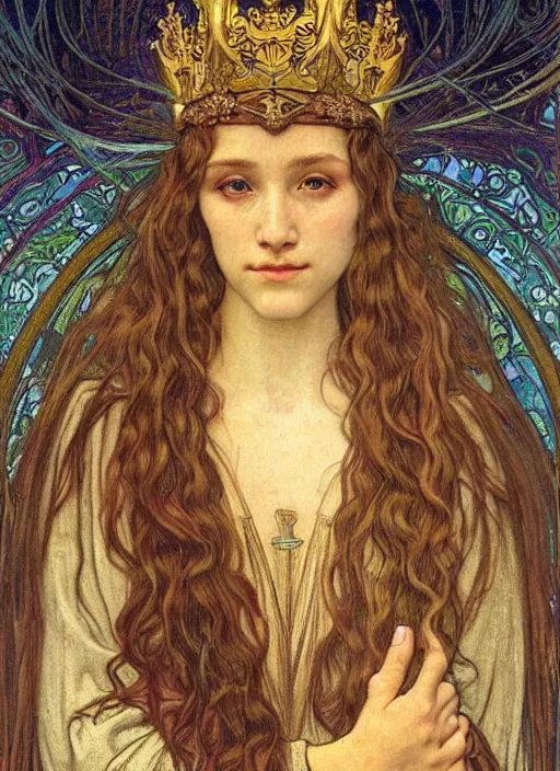 Image similar to detailed realistic beautiful young medieval queen face portrait by jean delville, alphonse mucha, vincent van gogh, and marco mazzoni, art nouveau, symbolist, visionary, gothic, pre - raphaelite