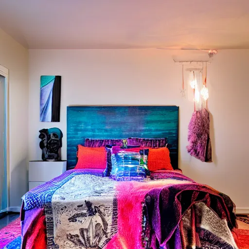 Image similar to hip bedroom of a millennial shot at night, high detail, neon lights, rug under bed, colorful art