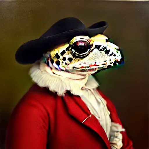 Image similar to a head and shoulders portrait painting of an anthropomorphic! amazon milk frog wearing a colonial outfit without a hat looking off camera, a character portrait, american romanticism, oil on canvas, soft focus