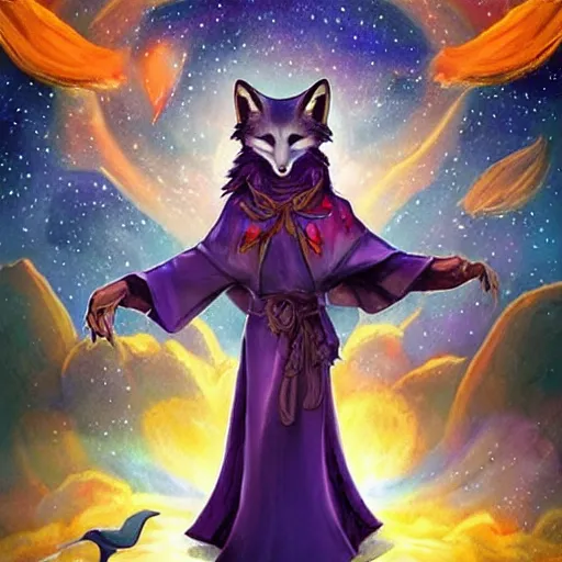 Image similar to a painted avatar portrait of an awesome cosmic powerful anthropomorphic kitsune fox mage themed around life and death and the stars and the cosmos and dressed in elegant elven mage robes, in the style of dnd beyond avatar portraits, beautiful, artistic, elegant, lens flare, magical, lens flare, nature, realism, stylized, art by jeff easley